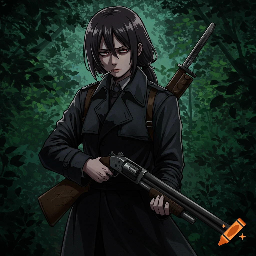 Anime woman in trench coat holding a shotgun and bayonet in a forest.