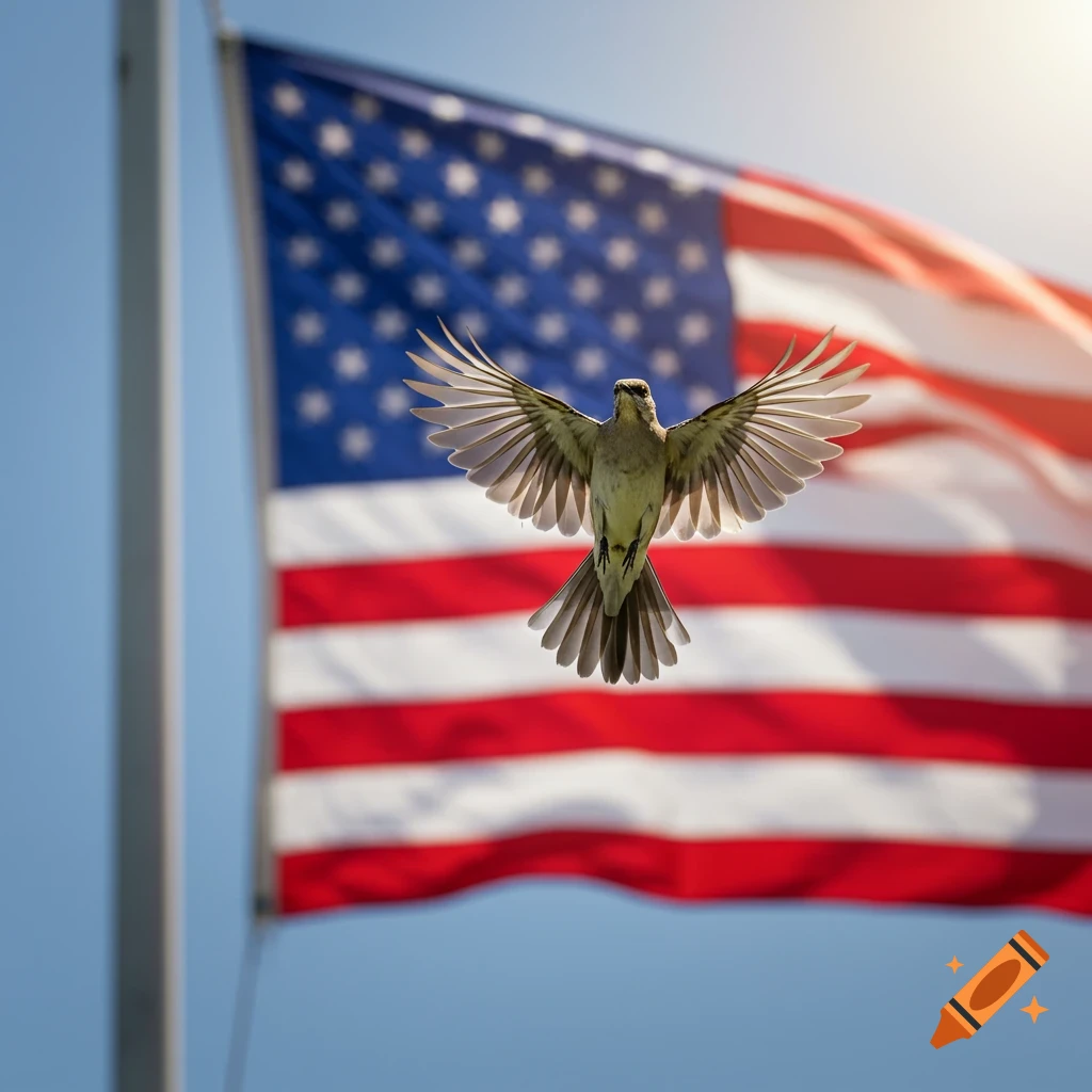 A mockingbird flies past a blurred American flag.