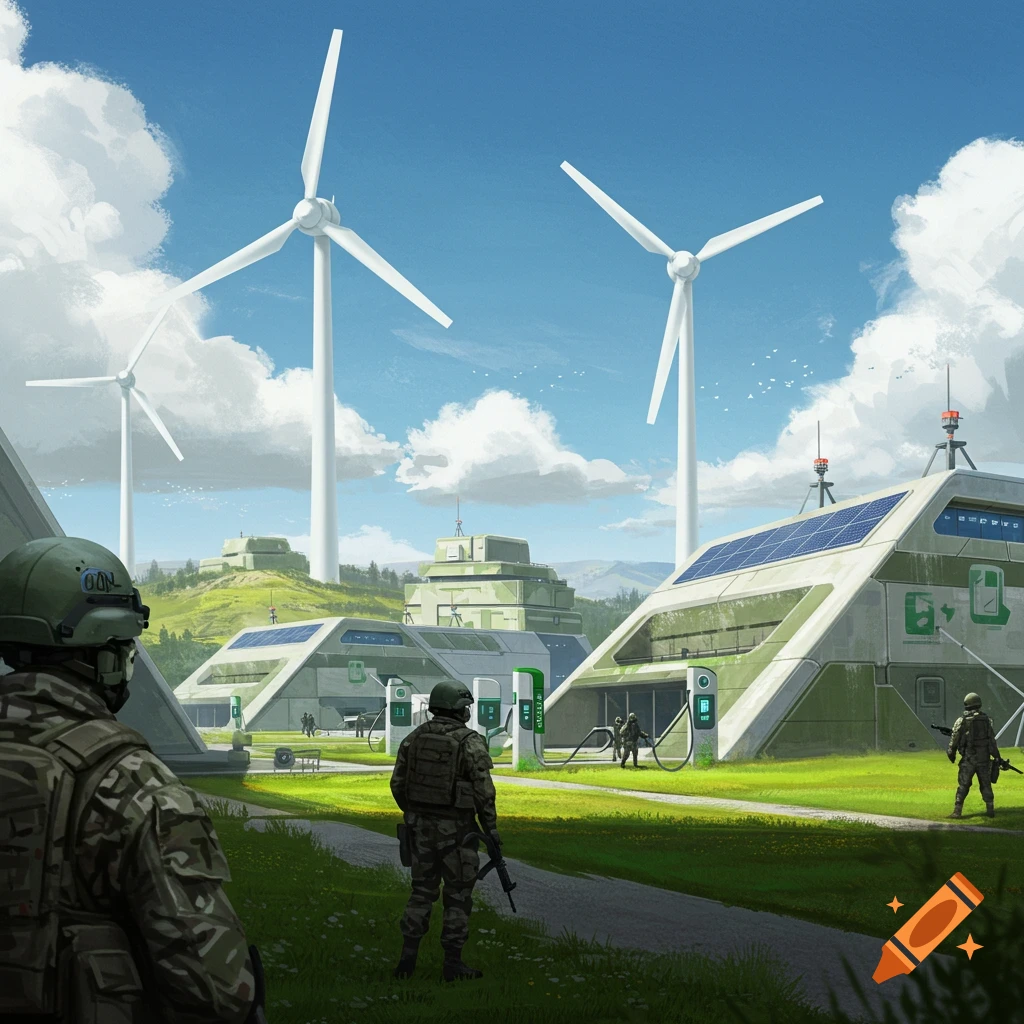 Soldiers stand near modern buildings with solar panels and wind turbines at an eco-friendly military base.