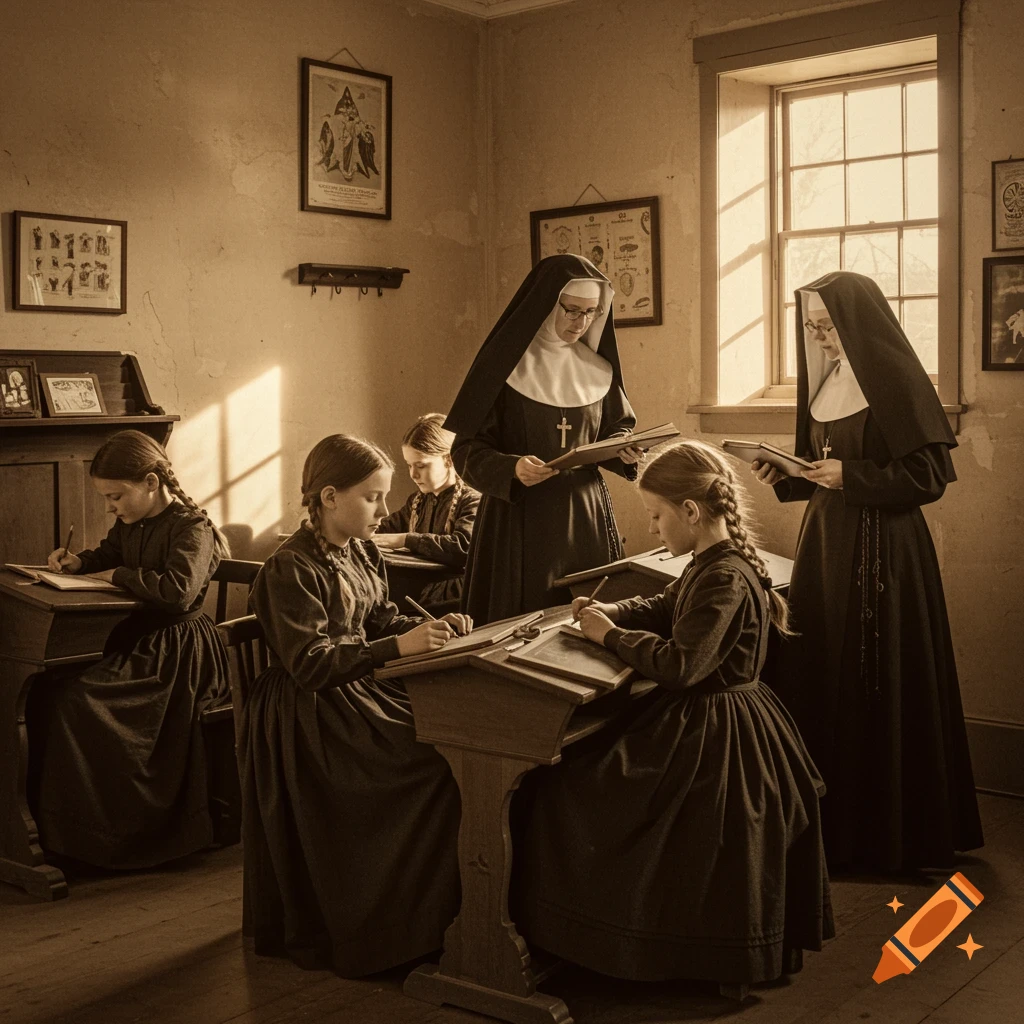 Sepia-toned photo of nuns teaching girls in an old classroom.