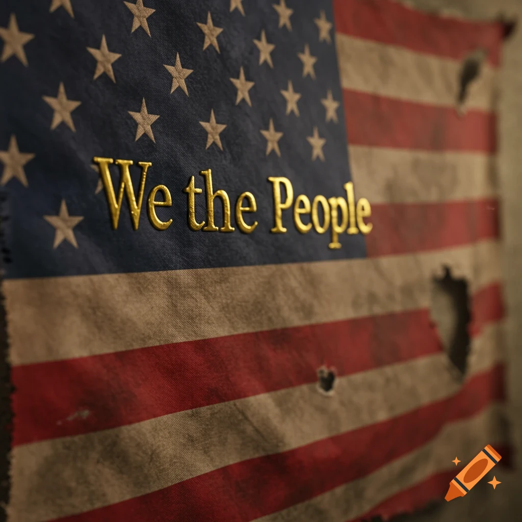 Close-up of a tattered American flag with the golden words "We the People" embossed on it.