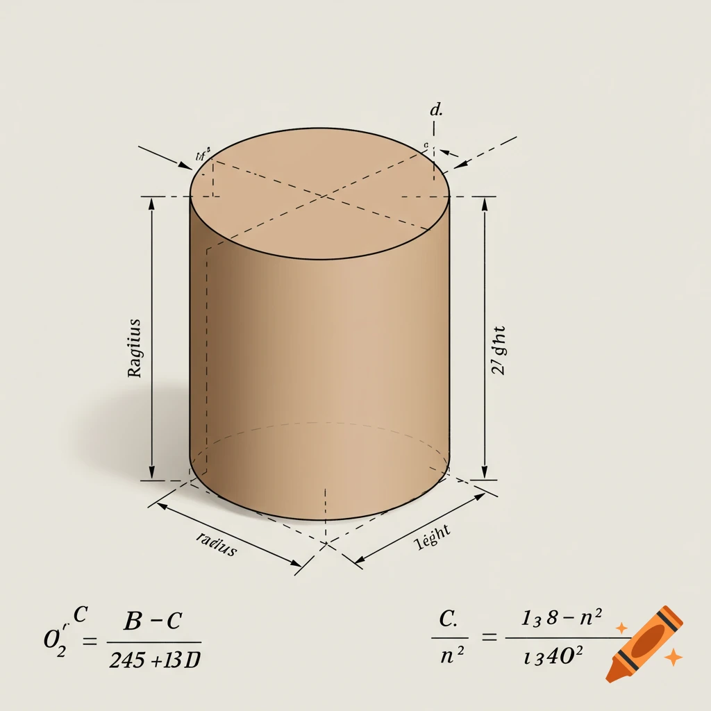 A labeled diagram of a cylinder with dimensions and mathematical formulas.