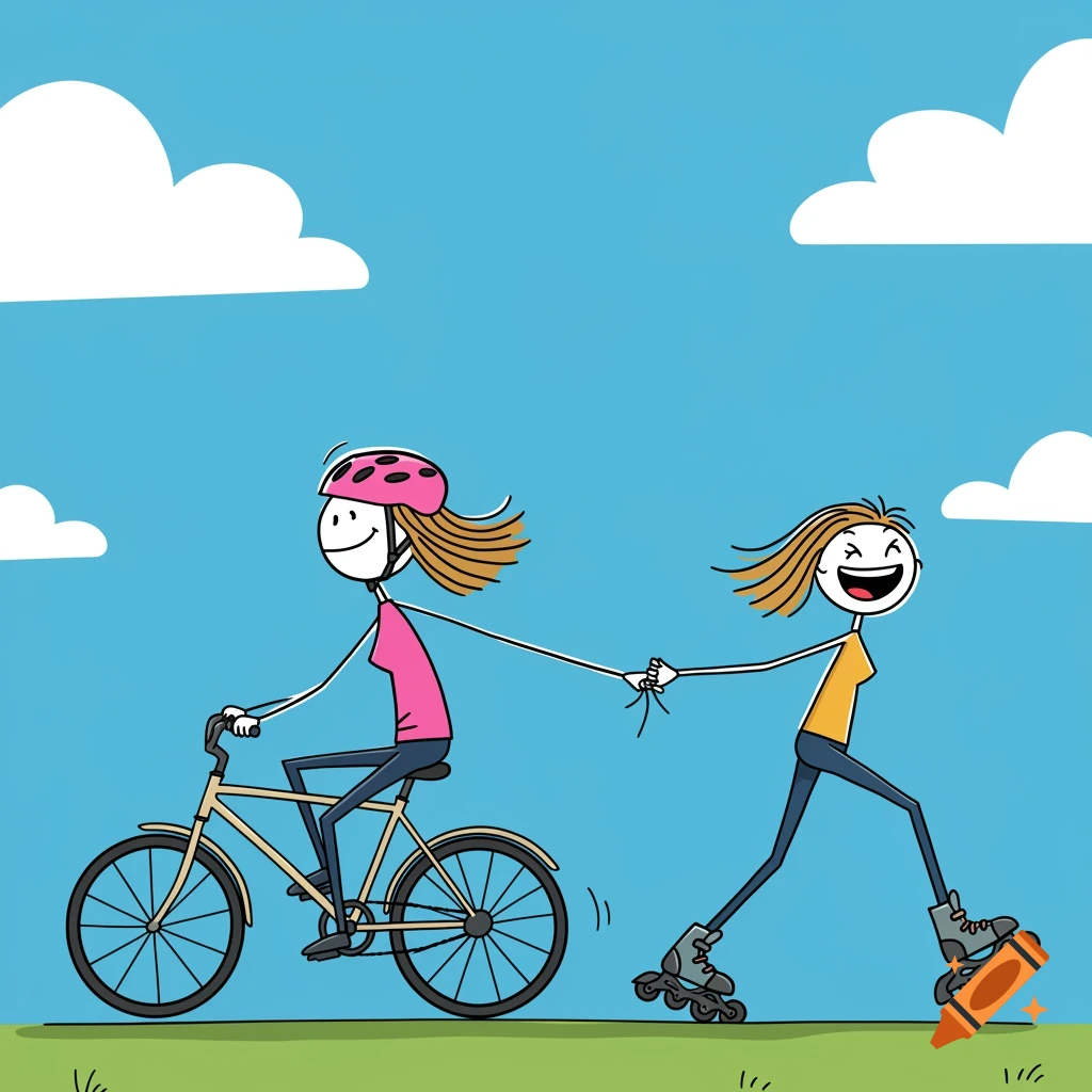 Two stick figures, one on a bike pulling another on rollerblades.
