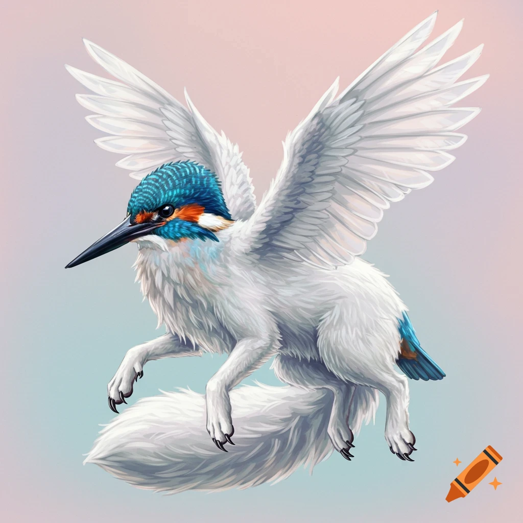 A fantasy creature, an arctic fox and kingfisher hybrid with white fur and wings, hovers in the air.