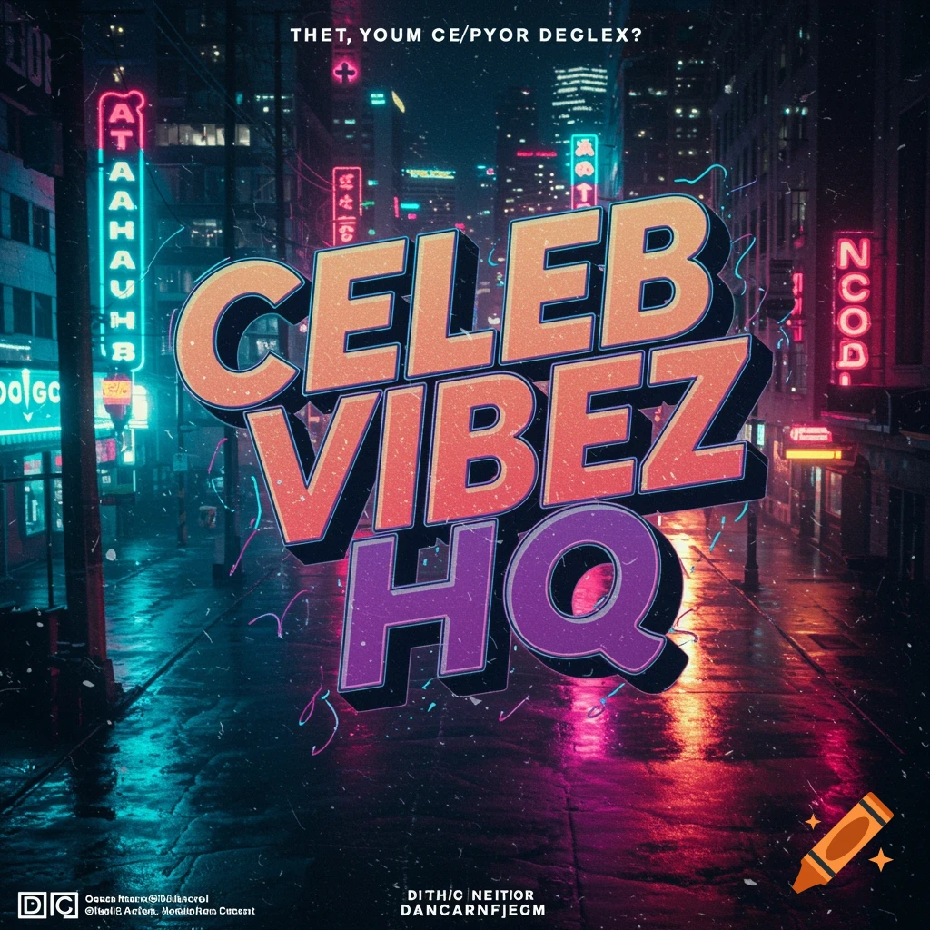 Neon sign with text CELEB VIBEZ HQ over a wet city street at night.