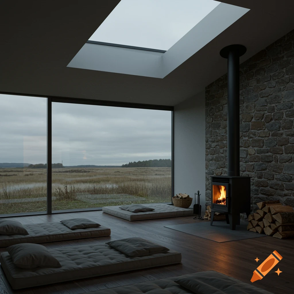 A modern room with a fireplace, mattresses on the floor, a large window ...