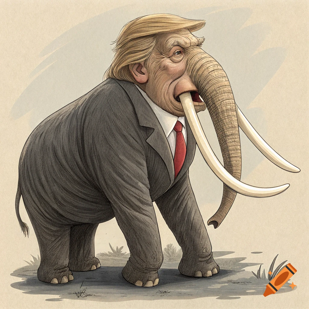 Political cartoon of Donald Trump as an elephant with tusks wearing a suit.