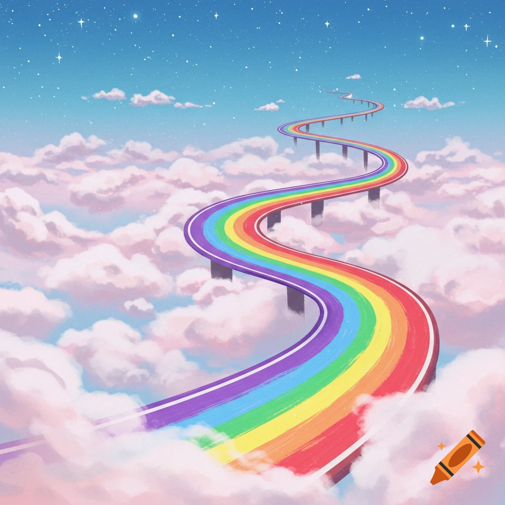 A winding rainbow road stretches over pink and white clouds under a starry blue sky.