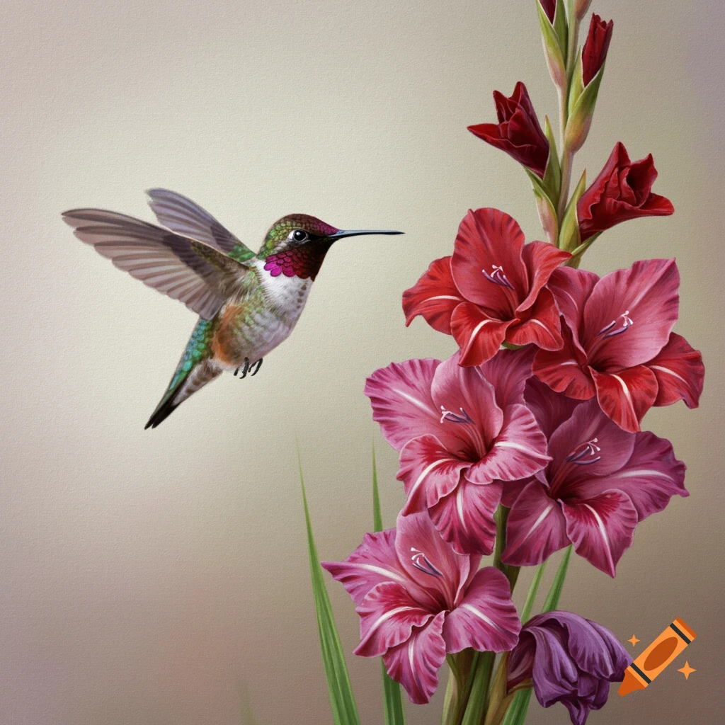 A hummingbird flies near pink and red gladiolus flowers.
