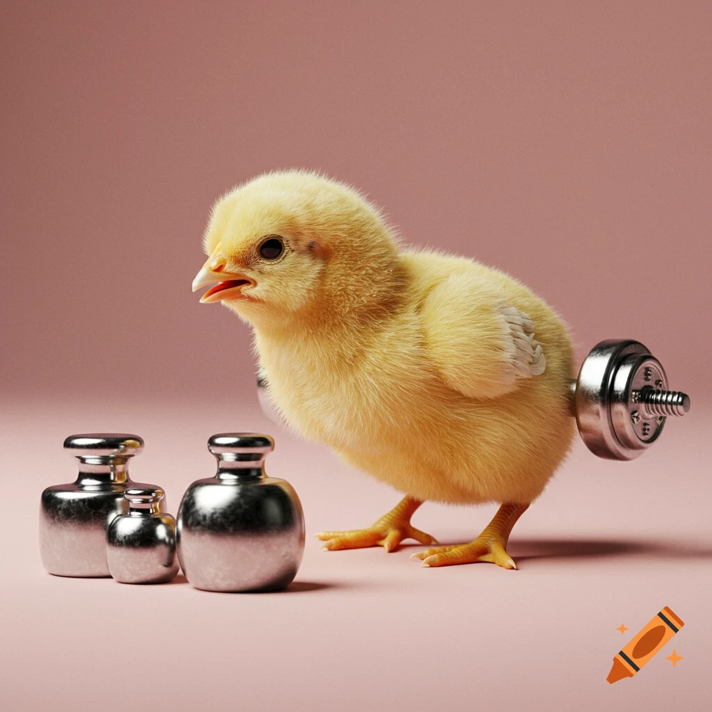 A fluffy yellow baby chick with a dumbbell attached to its rear stands near smaller weights on a pink background.