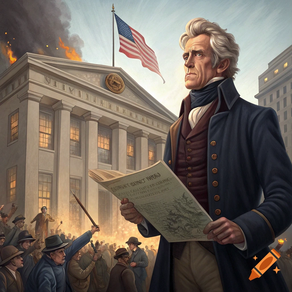 Illustration of Andrew Jackson with a document before a burning building and crowd.