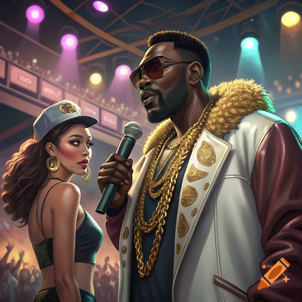 A male rapper holds a microphone on stage with a woman beside him in a ...