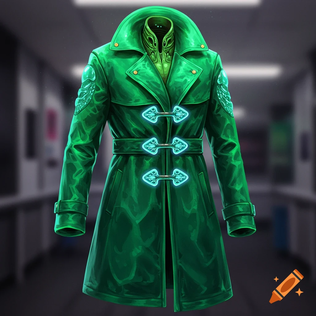 A green futuristic alien trench coat with glowing buckles