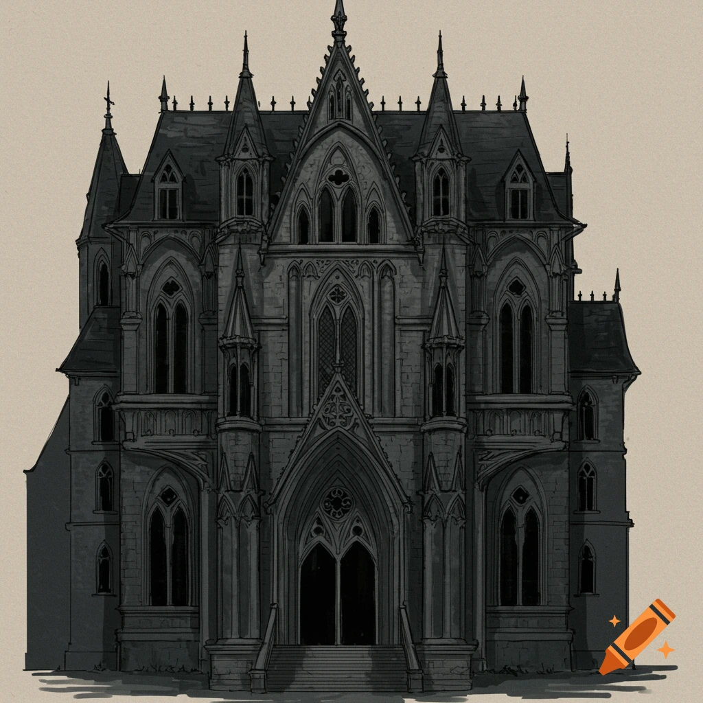 Dark gothic building facade in a sketch art style.
