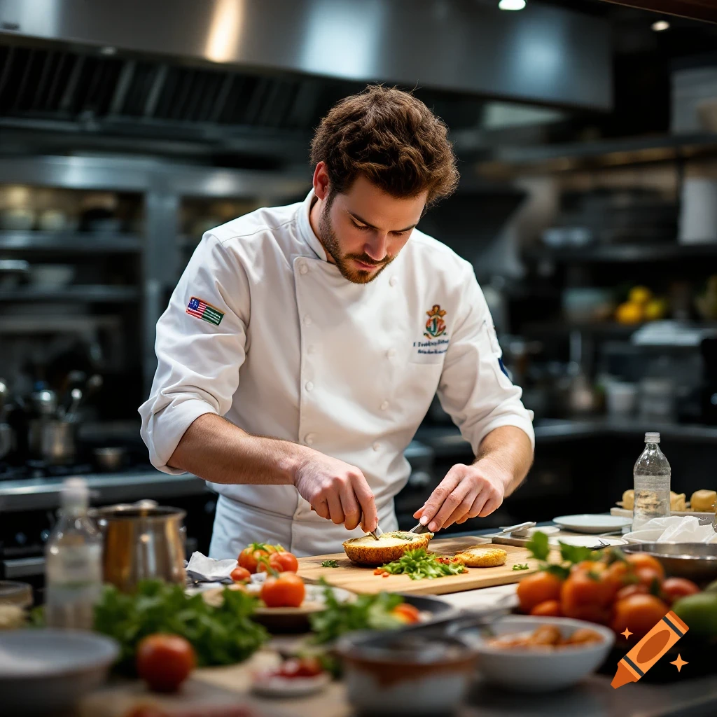 A chef in a white uniform is preparing food on a cutting board in a busy kitchen.