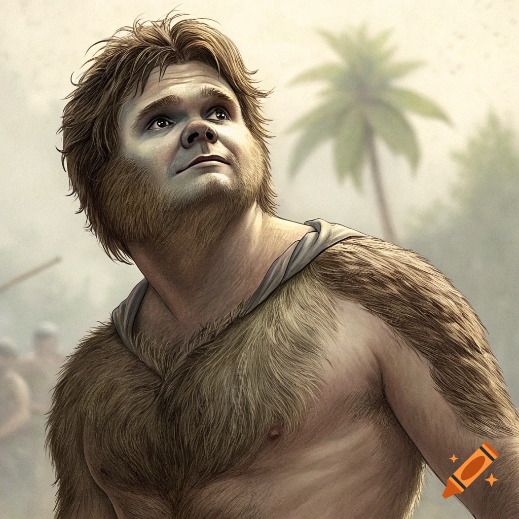 Illustration of a man with a hairy chest and face resembling Sloth from Goonies, looking up towards the sky.