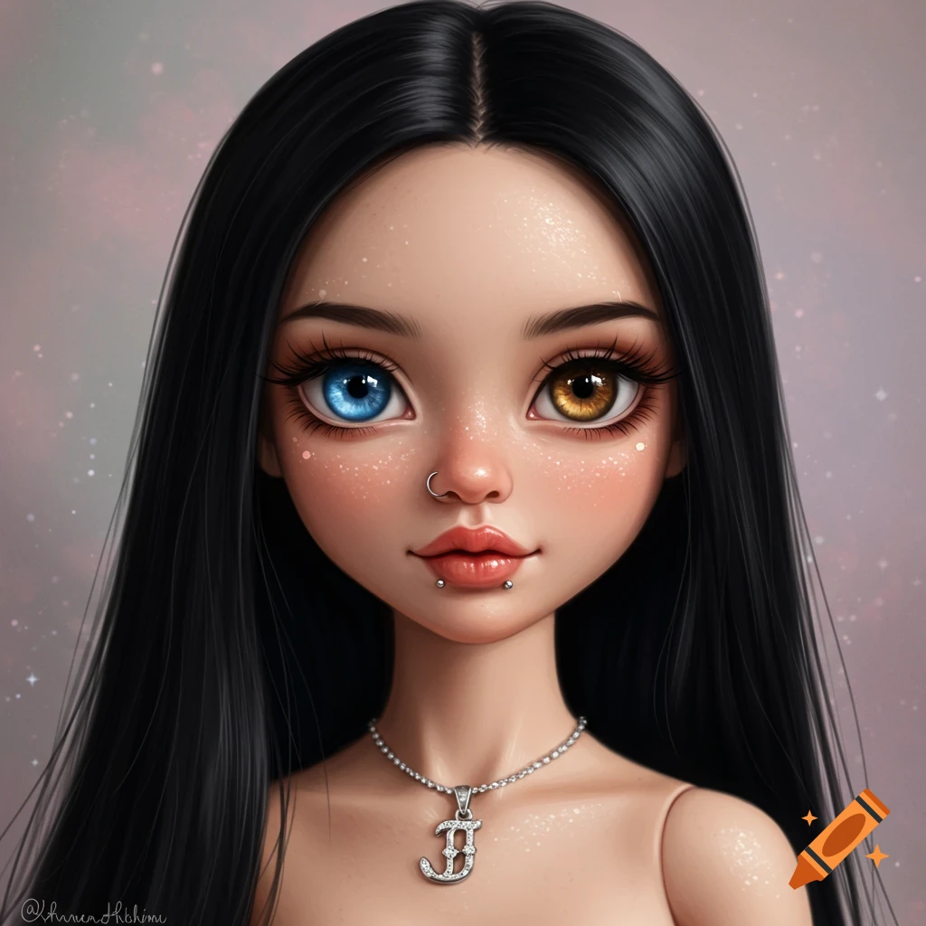 Digital art portrait of a figure with blue and hazel eyes, long black hair, piercings, and J necklace.