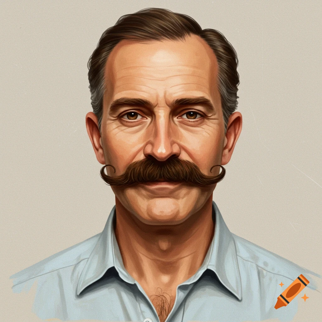 Portrait of a man with a large handlebar mustache wearing a light blue shirt.