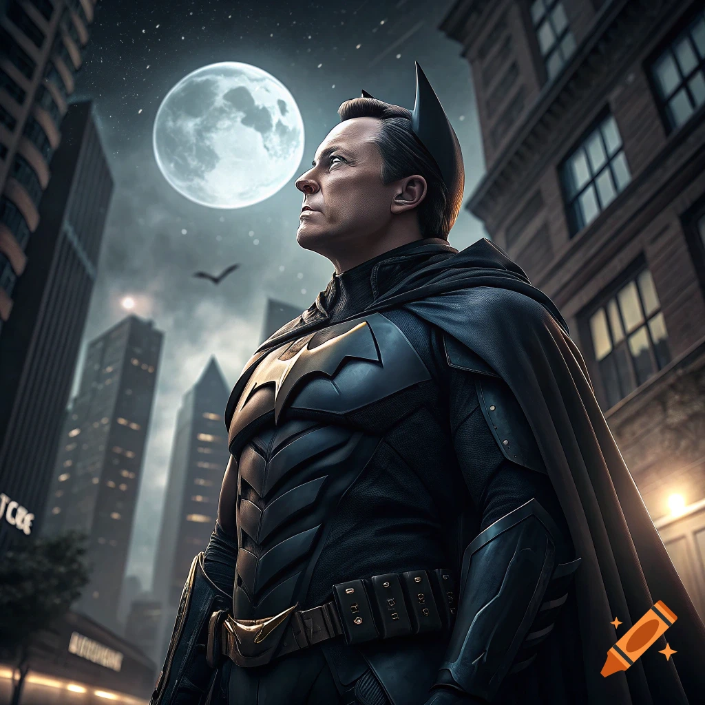 A person in a Batman costume stands in a city at night looking up at a full moon. Cinematic style.