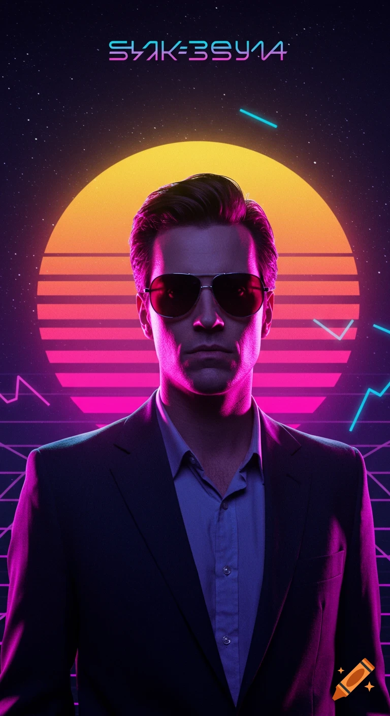 A man in a suit and sunglasses against a synthwave background with a sunset.
