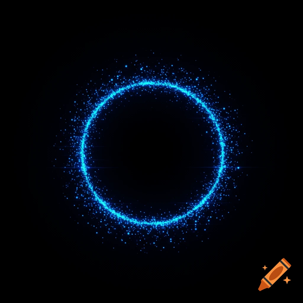 A glowing blue circle outline made of small particles on a black background.