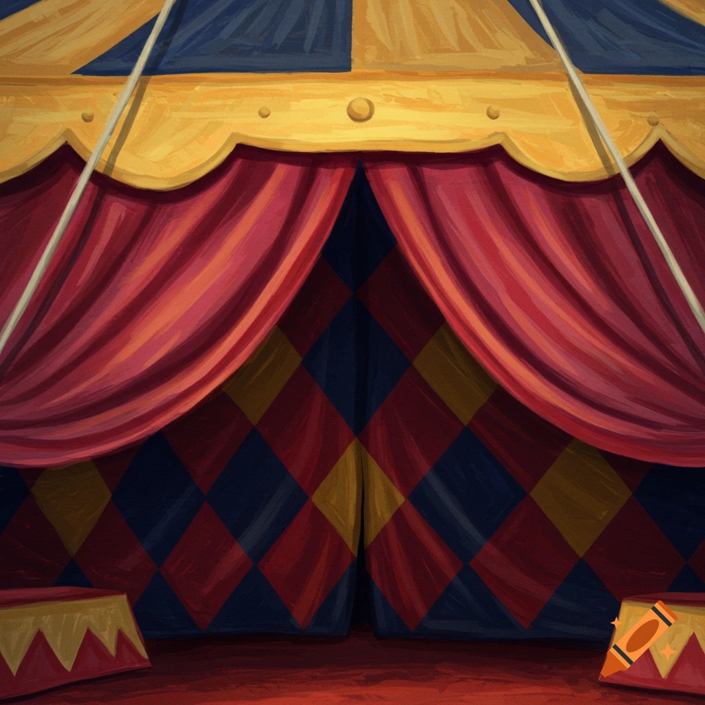 Interior of a circus tent with red curtains and diamond-patterned walls.