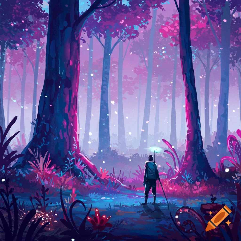 A person stands in a glowing, purple and blue fantasy forest.
