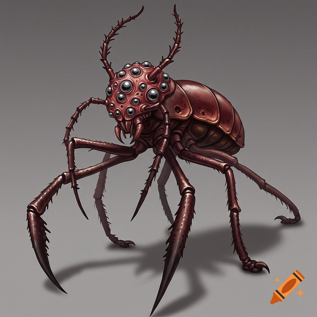 An alien beetle-like creature with multiple eyes, long spiky legs, antennae, and claws stands against a gray background.