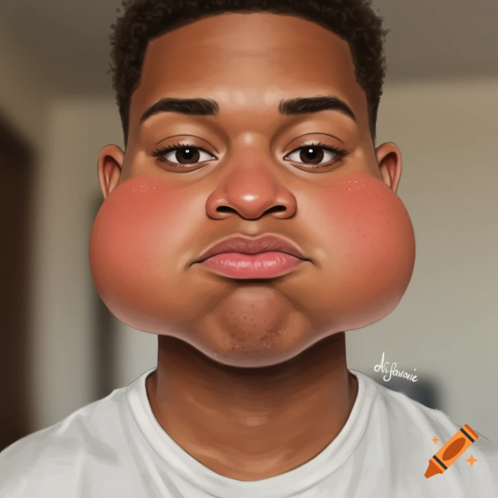 Stylized portrait of a young man with exaggerated chubby cheeks.