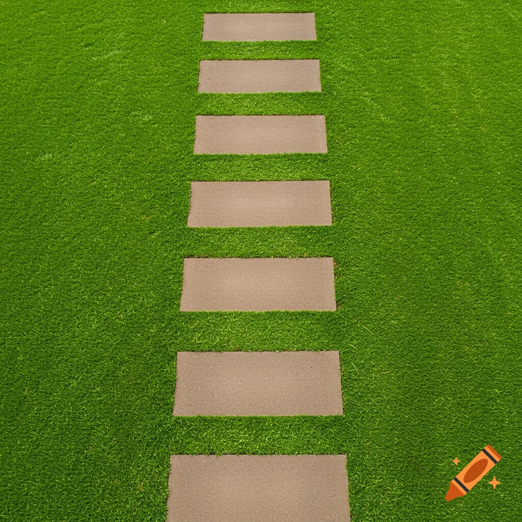 A straight path of rectangular pavers laid in bright green grass.