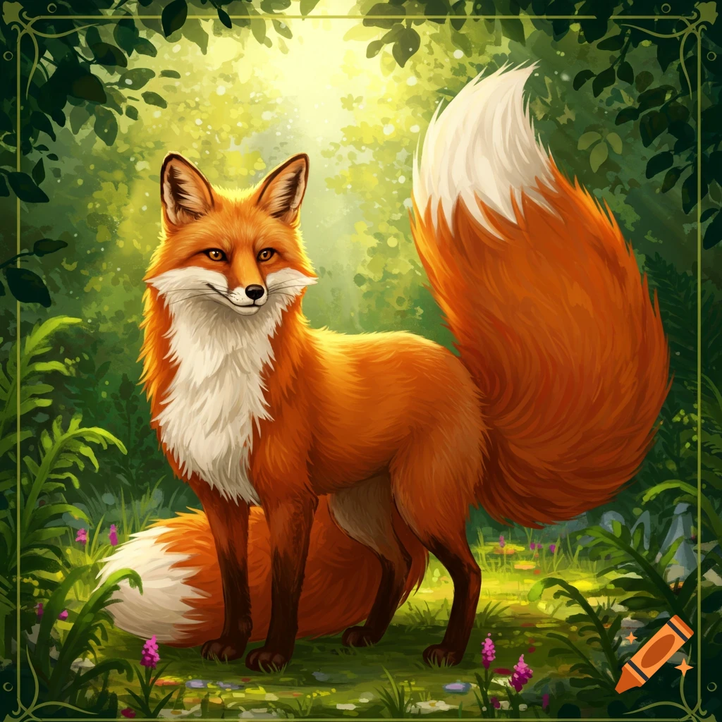 An illustrated fox with a large bushy tail stands in a sunny forest.