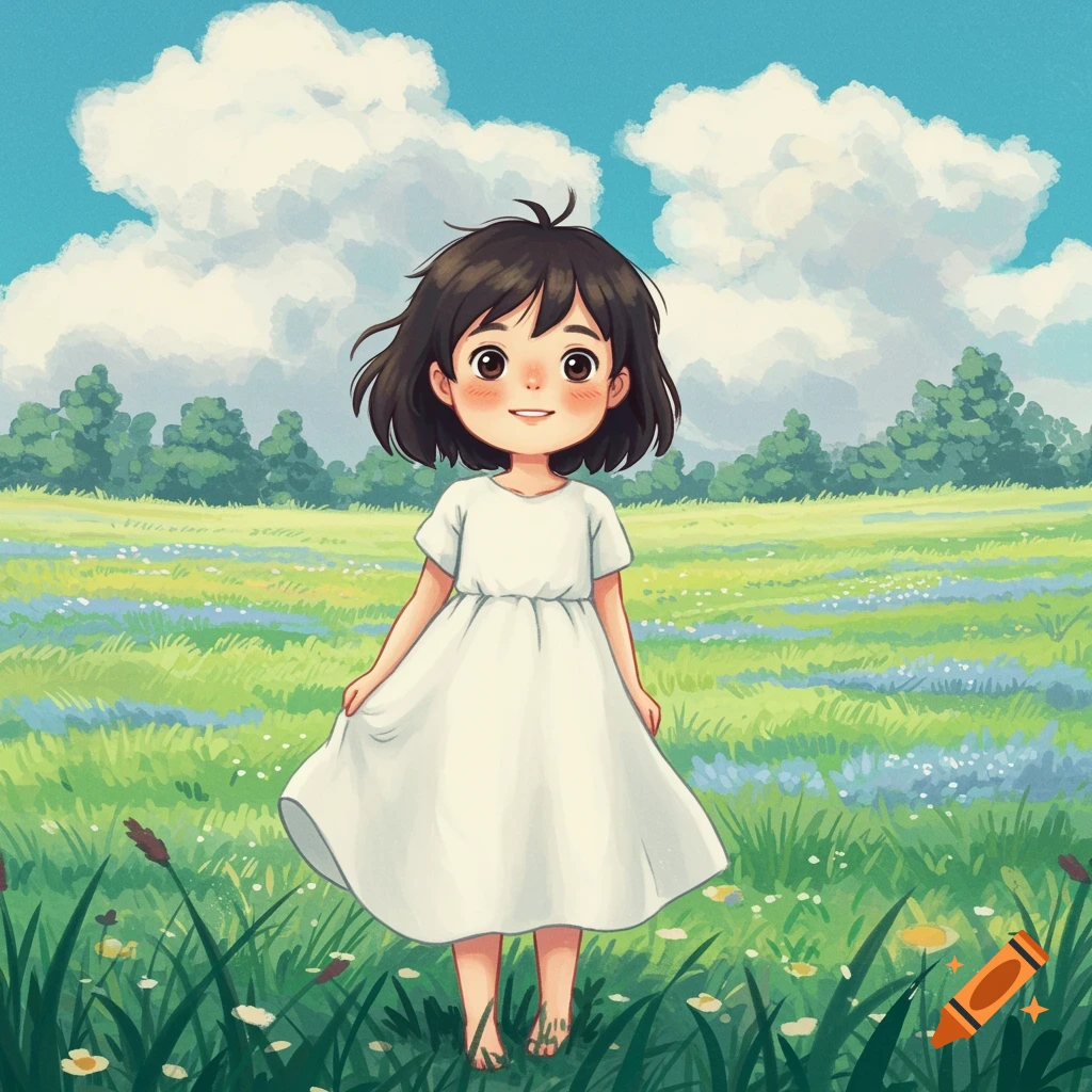 A cartoon girl in Ghibli art style stands in a sunny field of grass and flowers under a cloudy blue sky.