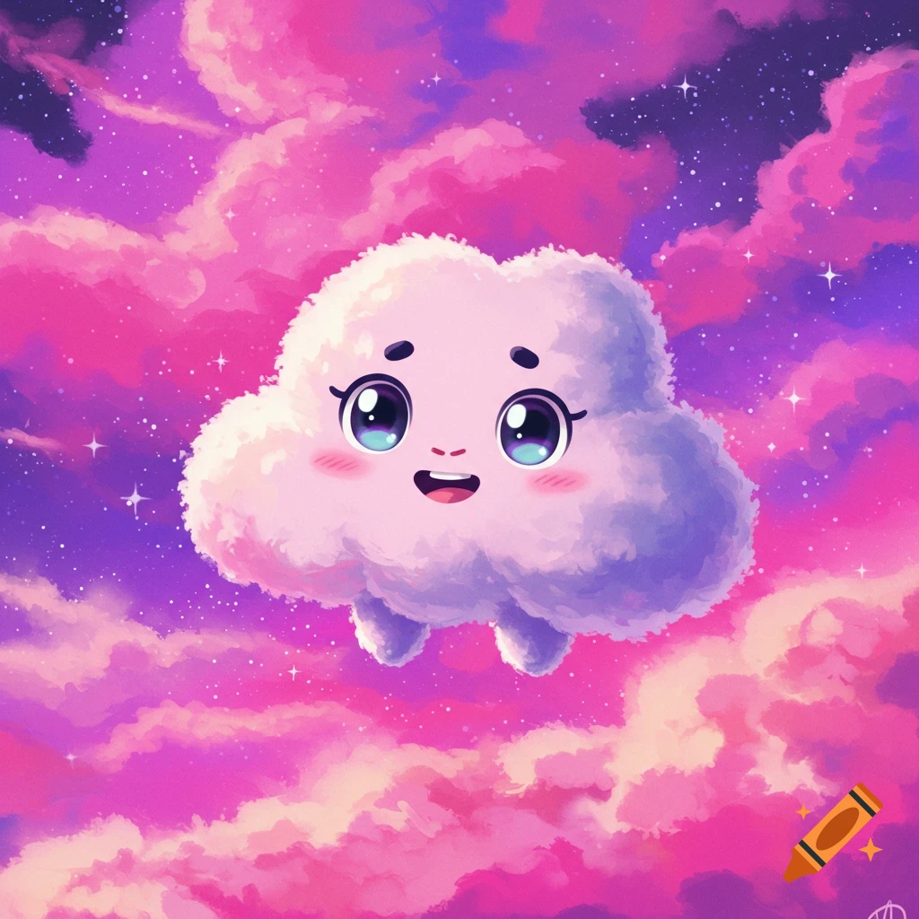 A cute cartoon cloud character with a face floats in a vibrant pink and purple starry, cloudy sky.