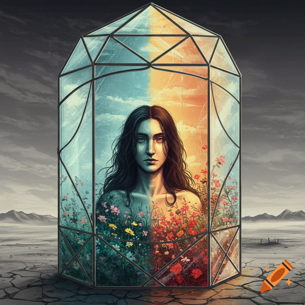 Woman with flowers on her body inside a glass structure in a barren landscape under a split sky.