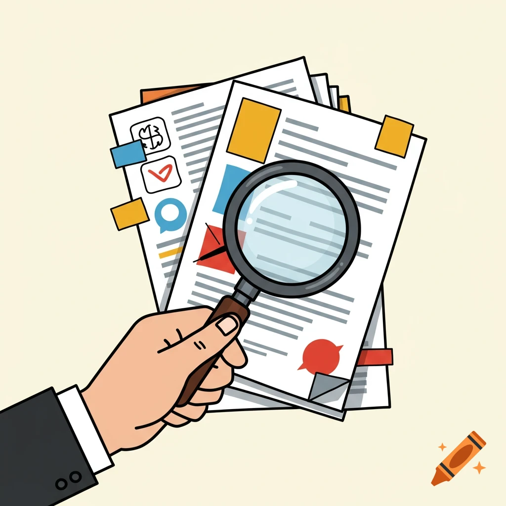 Illustration of a hand holding documents and a magnifying glass, examining paperwork.