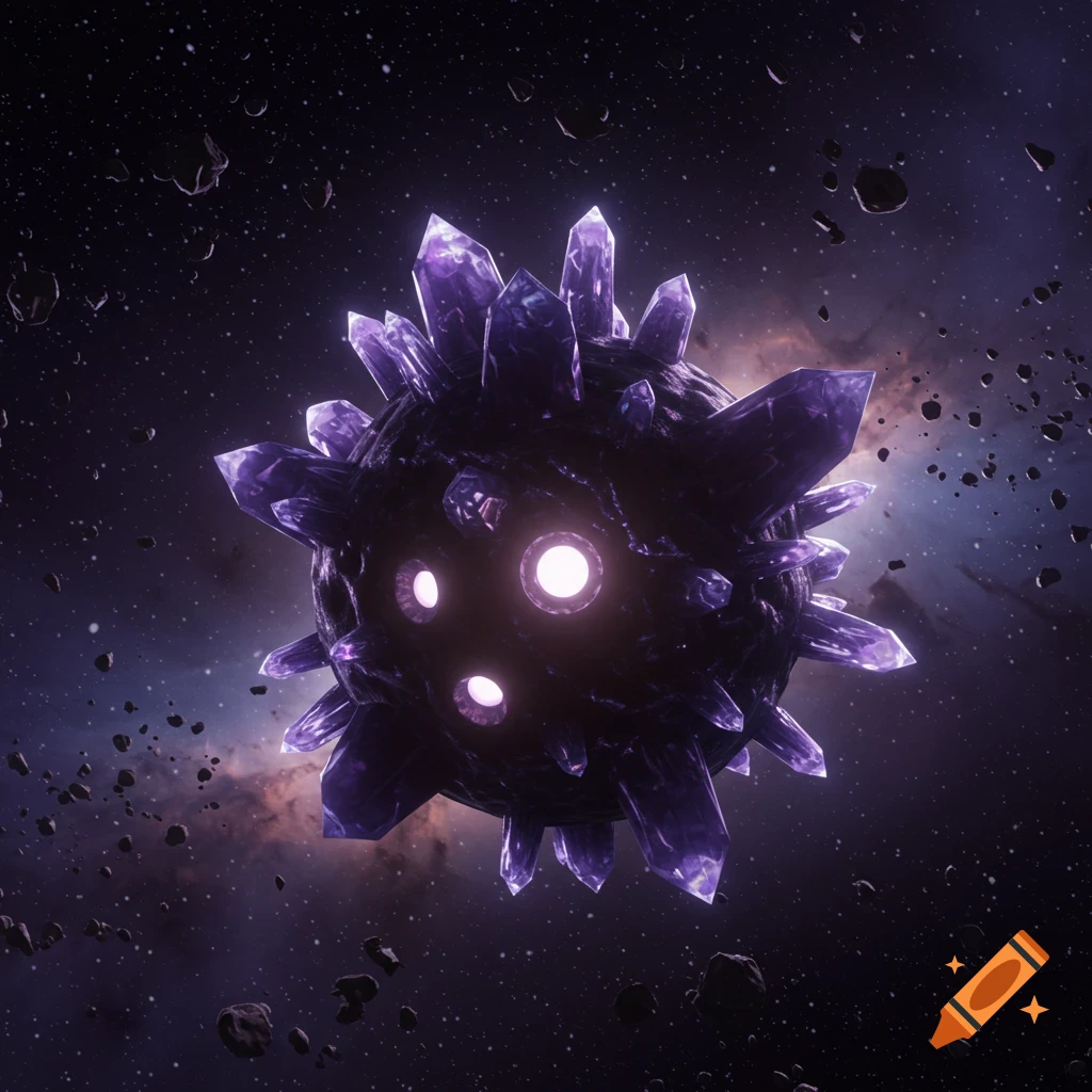 A dark, spiky sphere covered in purple crystals with glowing white eyes floats in space among asteroids and a nebula.