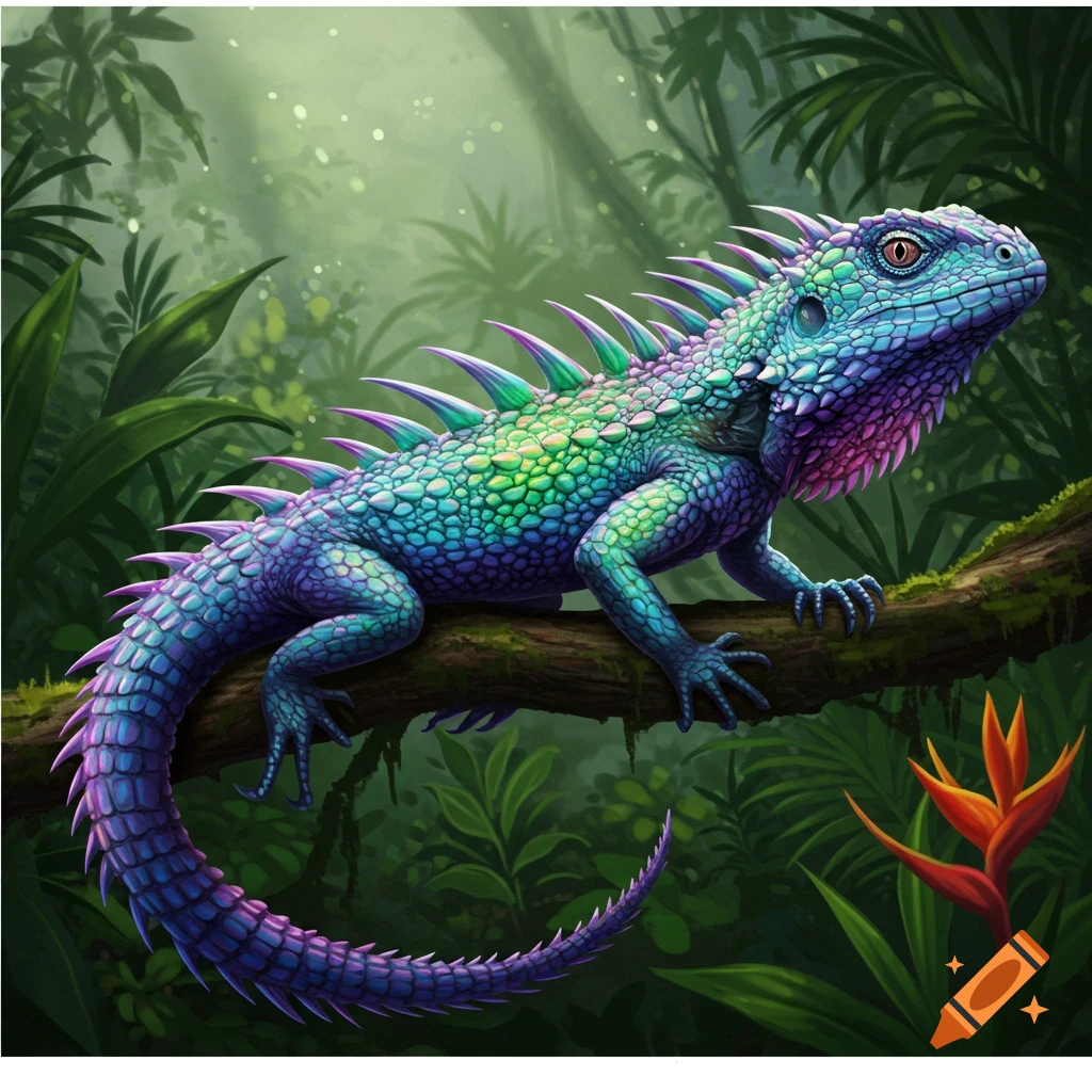 A vibrant, spiky lizard with changing colors sits on a branch in a lush jungle.