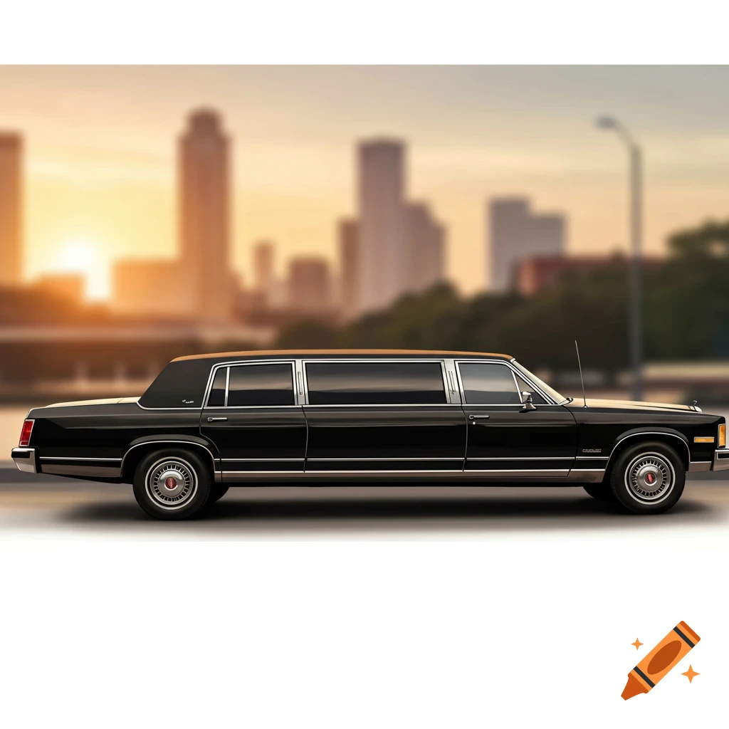A black limousine parked on a road with a blurry city skyline and sunset in the background.