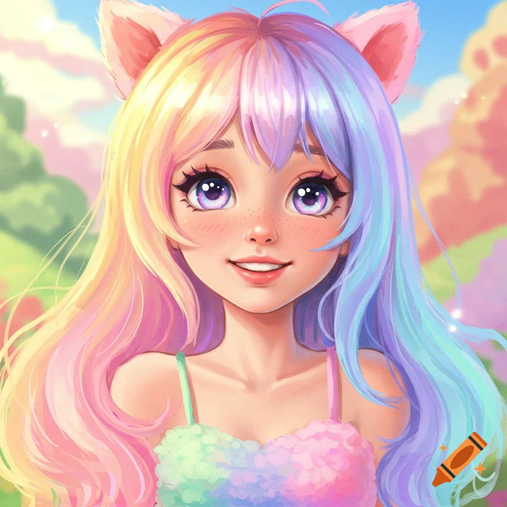 An anime illustration of a girl with rainbow hair and cat ears smiling outdoors.
