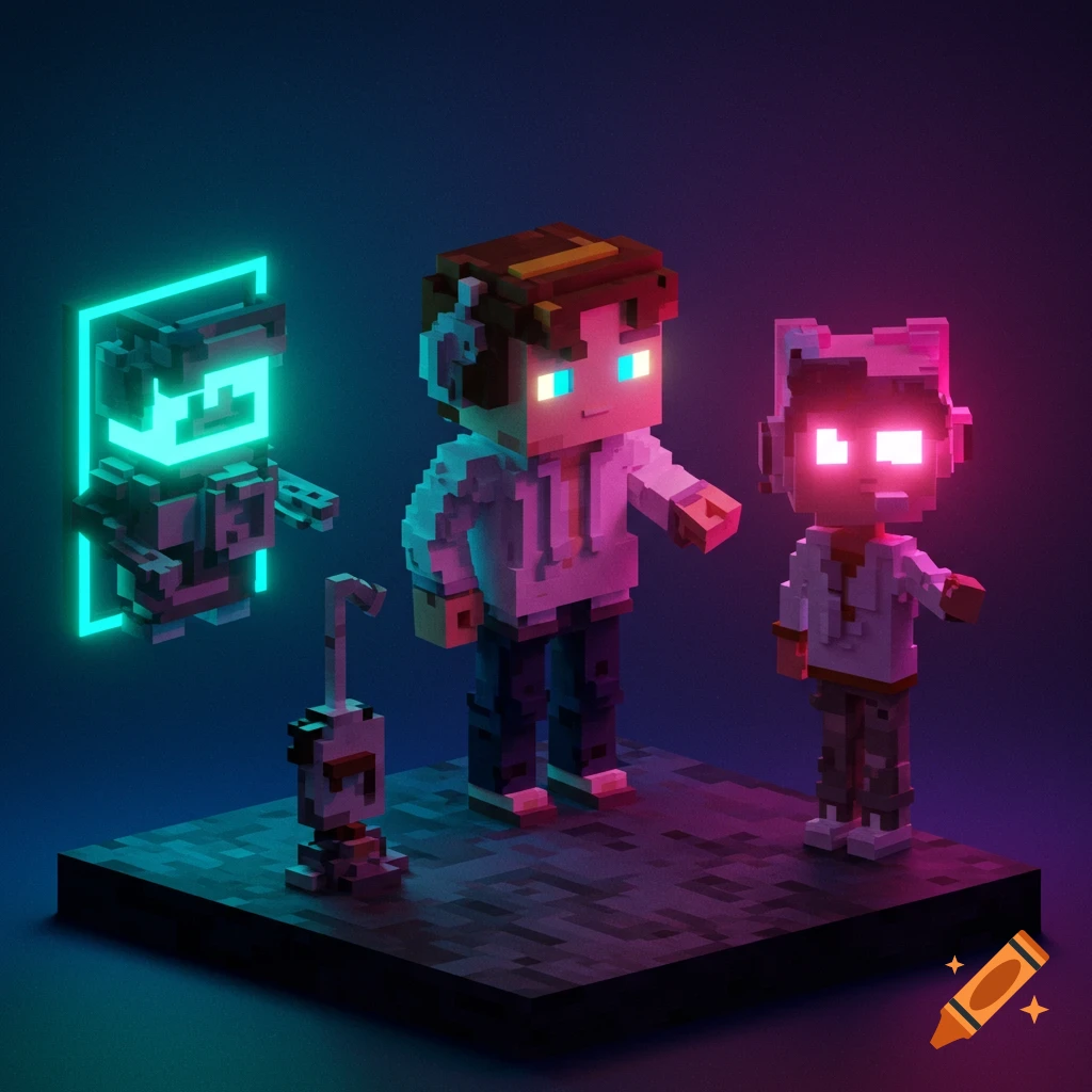 Voxel characters with glowing eyes in a neon-lit scene, 3D render