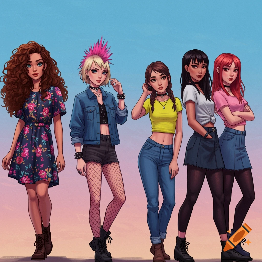 Illustration of five young women standing side by side in different fashion styles.