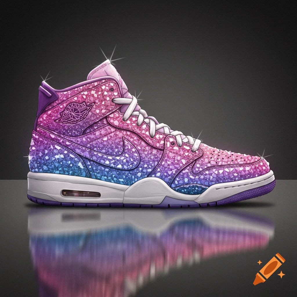 Illustrative view of a high-top sneaker with a gradient diamond texture in pink, purple, and blue with sparkle effects.