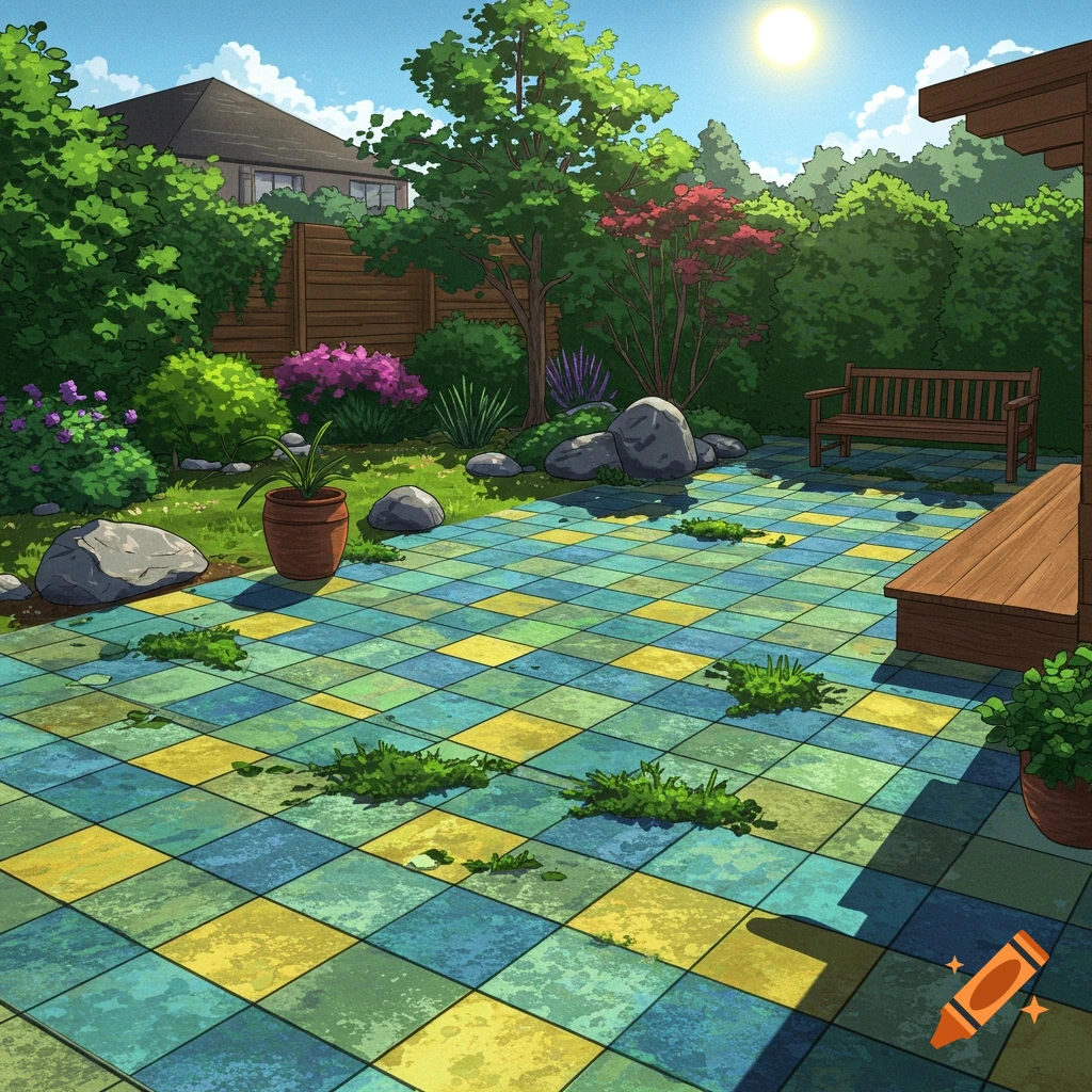 Cartoon style backyard patio with colorful blue and yellow tiles, plants, rocks, bench, and house.
