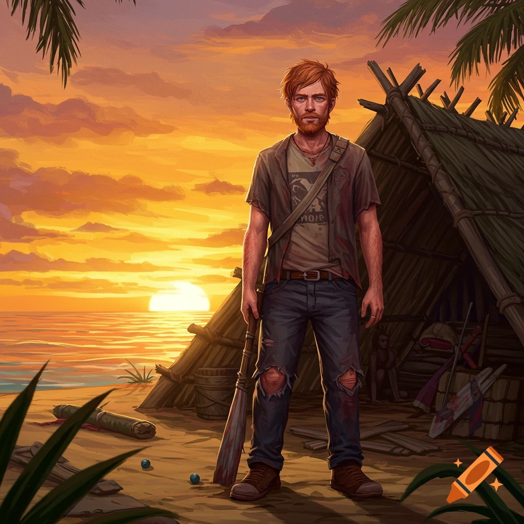 Red-haired man holding a bat on a beach at sunset next to a survival hut.