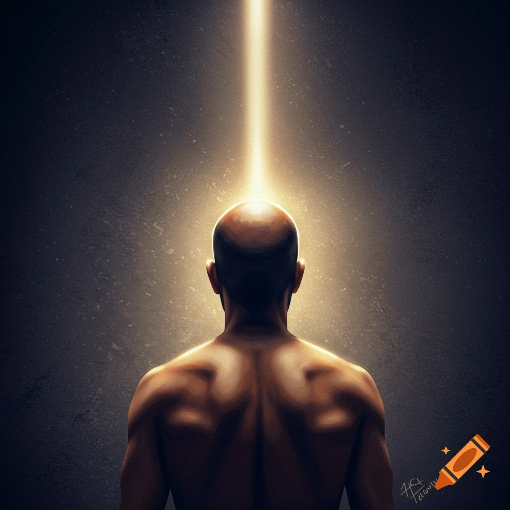 A bald person seen from the back, looking up at a bright light shining down on their head. Dramatic lighting.