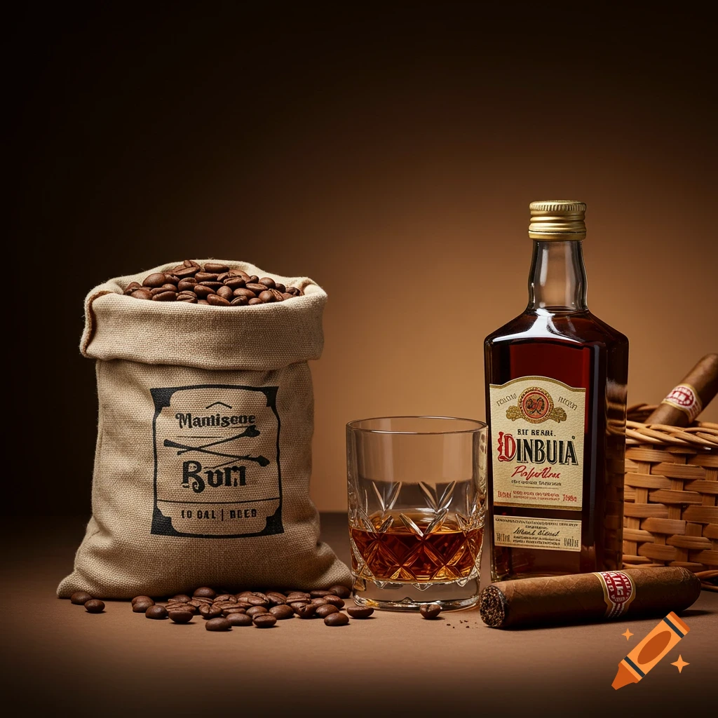 Still life of a bag of coffee beans, a bottle of liquor, a glass of whiskey, a cigar, and a basket.