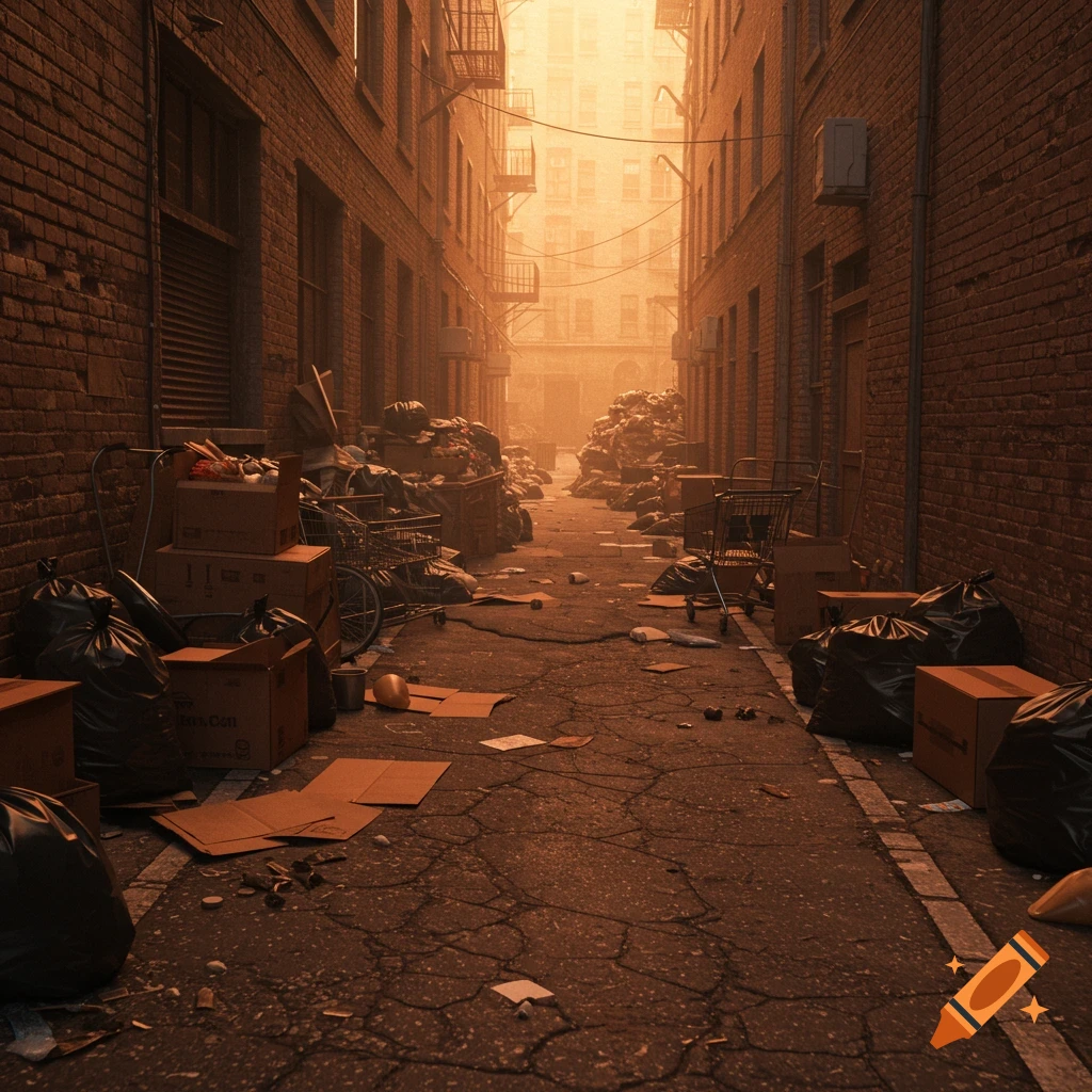 A narrow, trash-filled urban alley between brick buildings under a hazy sky.