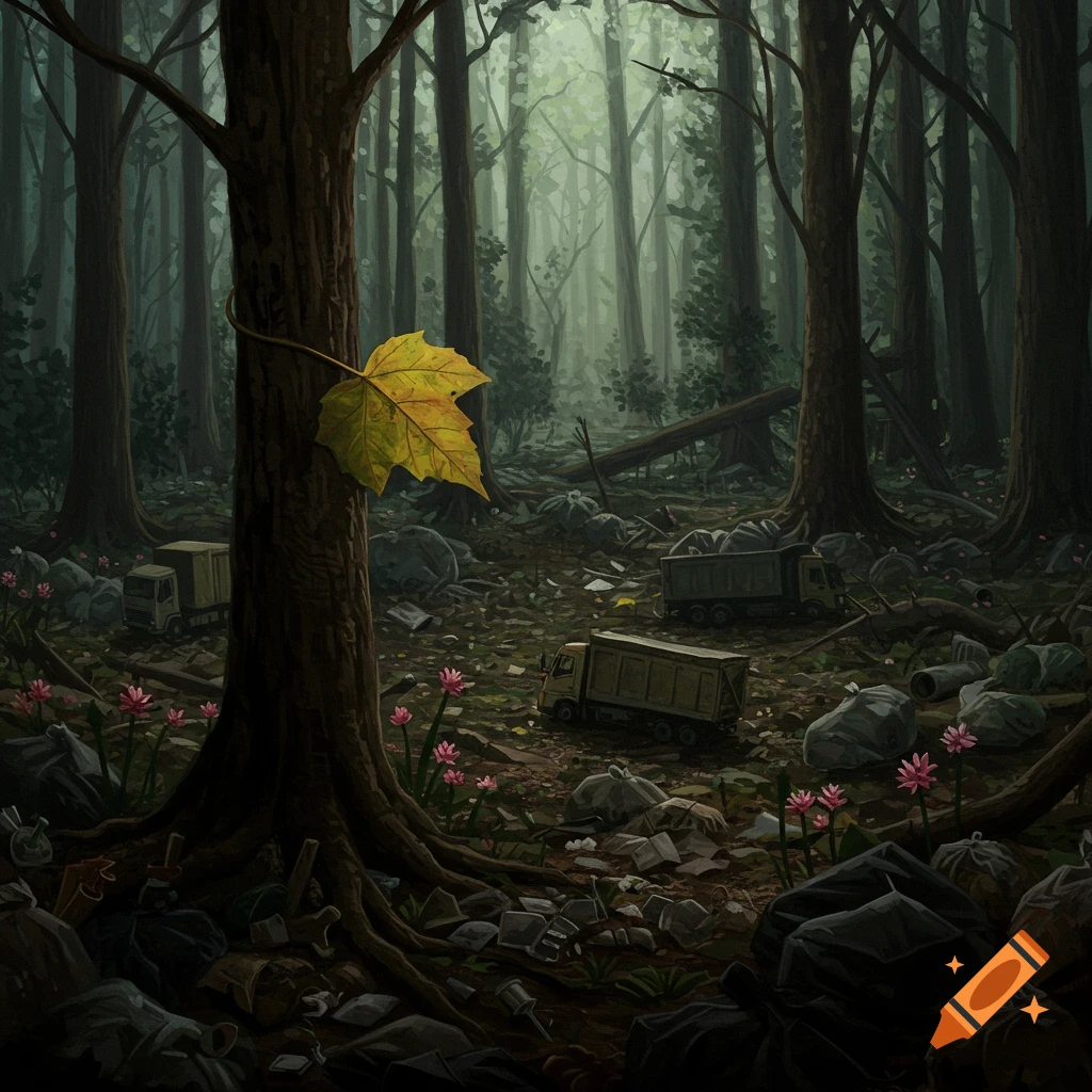 A dark painting of a polluted forest floor littered with trash and trucks, with a single yellow leaf on a tree.
