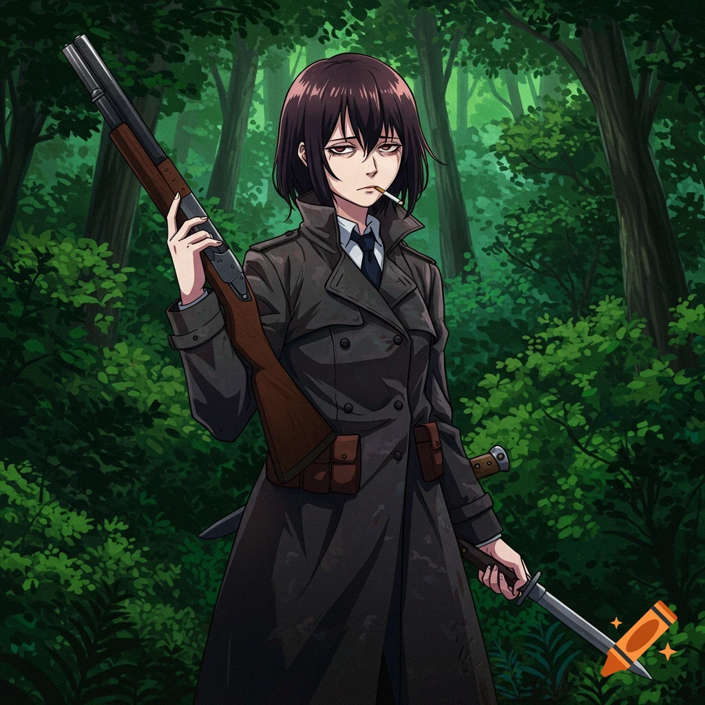 Anime character in trenchcoat holding a shotgun and knife in a forest.