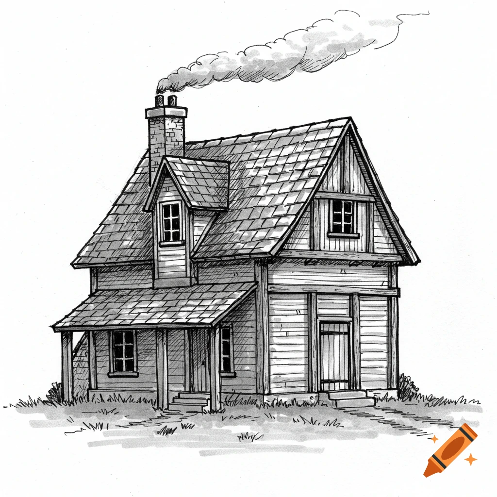 Black and white drawing of a two-story house with a chimney and smoke coming out.